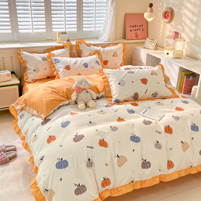 91家纺网 家纺一手货源 找家纺 上尚居 2024直播爆款卡通小清新韩版花边公主风水洗棉磨毛四件套 小南瓜