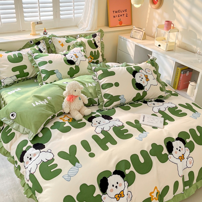 91家纺网 家纺一手货源 找家纺 上尚居 2024直播爆款卡通小清新韩版花边公主风水洗棉磨毛四件套 汪星人