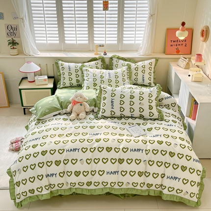 上尚居 2024直播爆款卡通小清新韩版花边公主风水洗棉磨毛四件套 爱心世界