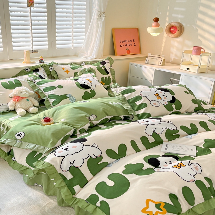 91家纺网 家纺一手货源 找家纺 上尚居 2024直播爆款卡通小清新韩版花边公主风水洗棉磨毛四件套 汪星人