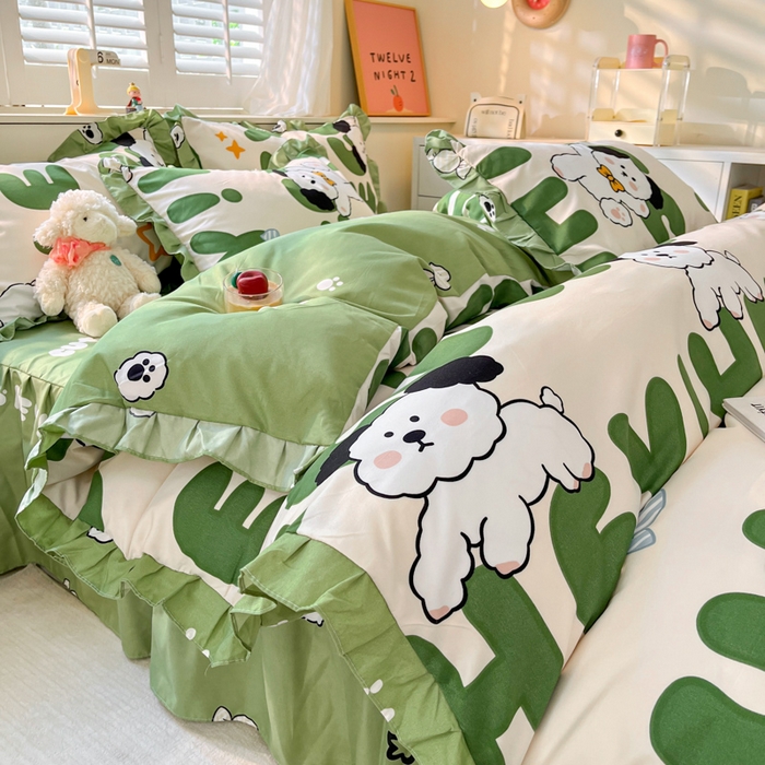 91家纺网 家纺一手货源 找家纺 上尚居 2024直播爆款卡通小清新韩版花边公主风水洗棉磨毛四件套 汪星人