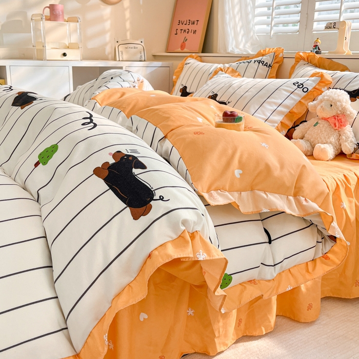 91家纺网 家纺一手货源 找家纺 上尚居 2024直播爆款卡通小清新韩版花边公主风水洗棉磨毛四件套 幸运狗