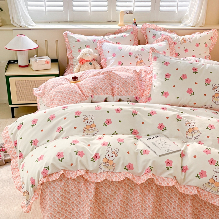 91家纺网 家纺一手货源 找家纺 上尚居 2024直播爆款卡通小清新韩版花边公主风水洗棉磨毛四件套 花丛小兔