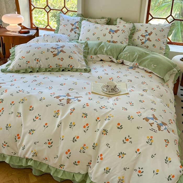 91家纺网 家纺一手货源 找家纺 上尚居 2024直播爆款卡通小清新韩版花边公主风水洗棉磨毛四件套 美好时光