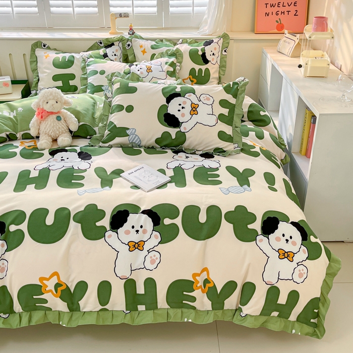 91家纺网 家纺一手货源 找家纺 上尚居 2024直播爆款卡通小清新韩版花边公主风水洗棉磨毛四件套 汪星人