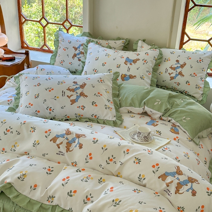 91家纺网 家纺一手货源 找家纺 上尚居 2024直播爆款卡通小清新韩版花边公主风水洗棉磨毛四件套 美好时光