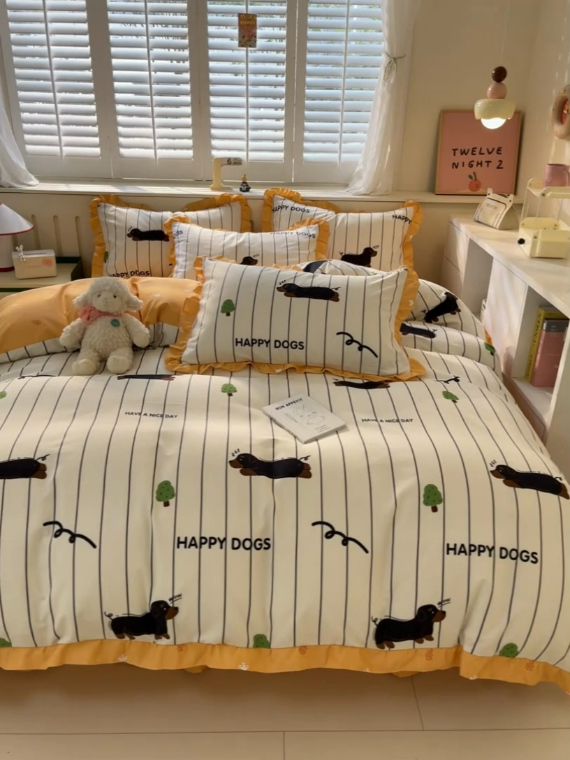 91家纺网 家纺一手货源 找家纺 上尚居 2024直播爆款卡通小清新韩版花边公主风水洗棉磨毛四件套 幸运狗