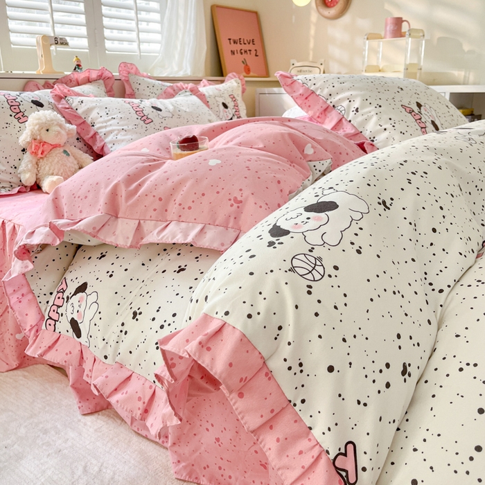 91家纺网 家纺一手货源 找家纺 上尚居 2024直播爆款卡通小清新韩版花边公主风水洗棉磨毛四件套 泡芙狗