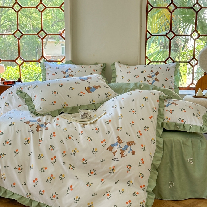 91家纺网 家纺一手货源 找家纺 上尚居 2024直播爆款卡通小清新韩版花边公主风水洗棉磨毛四件套 美好时光