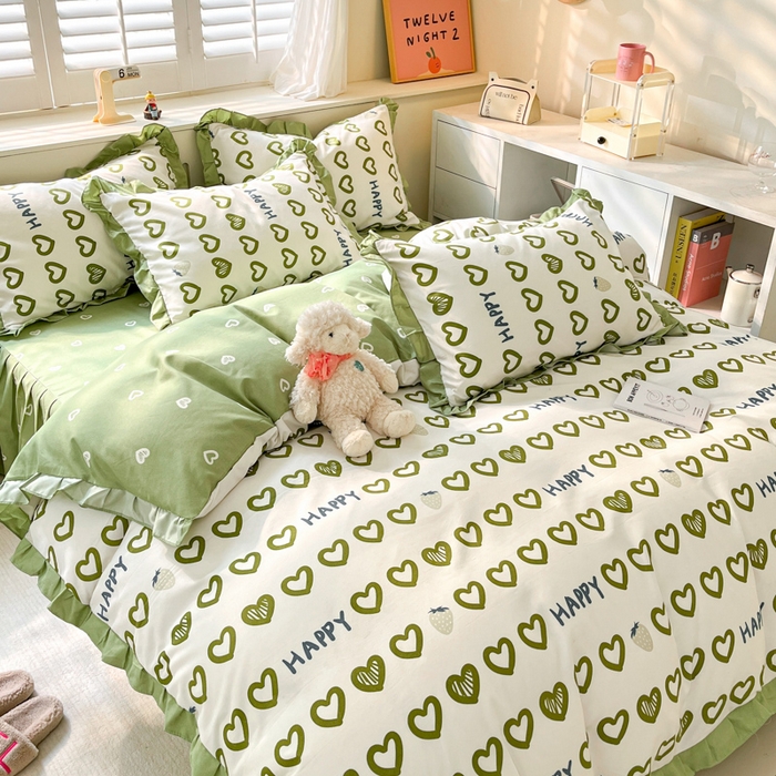 91家纺网 家纺一手货源 找家纺 上尚居 2024直播爆款卡通小清新韩版花边公主风水洗棉磨毛四件套 爱心世界