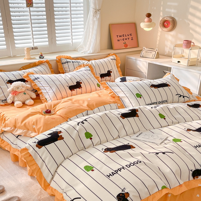 91家纺网 家纺一手货源 找家纺 上尚居 2024直播爆款卡通小清新韩版花边公主风水洗棉磨毛四件套 幸运狗