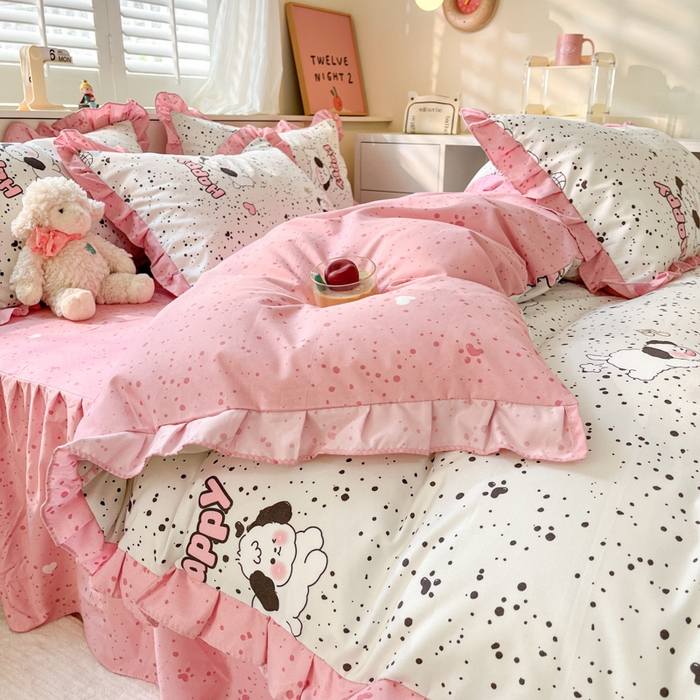 91家纺网 家纺一手货源 找家纺 上尚居 2024直播爆款卡通小清新韩版花边公主风水洗棉磨毛四件套 泡芙狗