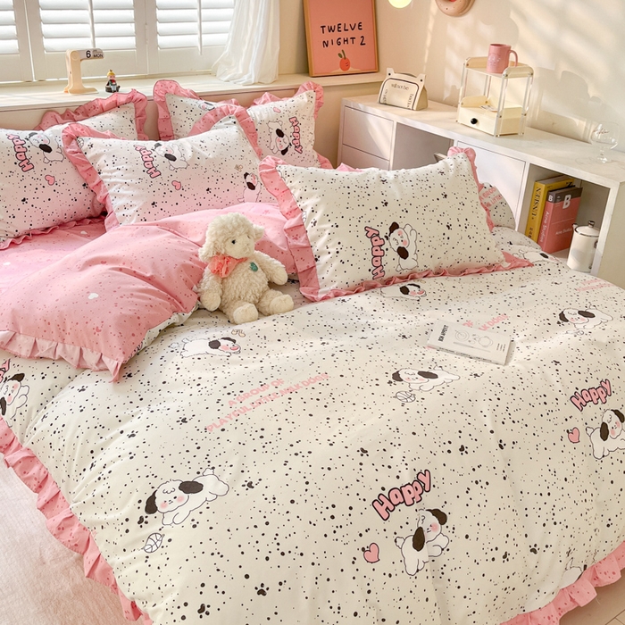 91家纺网 家纺一手货源 找家纺 上尚居 2024直播爆款卡通小清新韩版花边公主风水洗棉磨毛四件套 泡芙狗