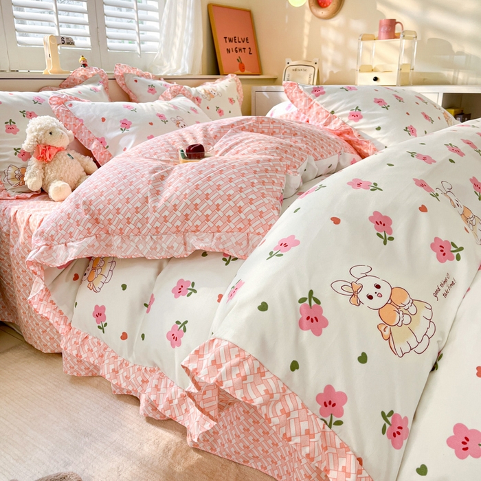 91家纺网 家纺一手货源 找家纺 上尚居 2024直播爆款卡通小清新韩版花边公主风水洗棉磨毛四件套 花丛小兔