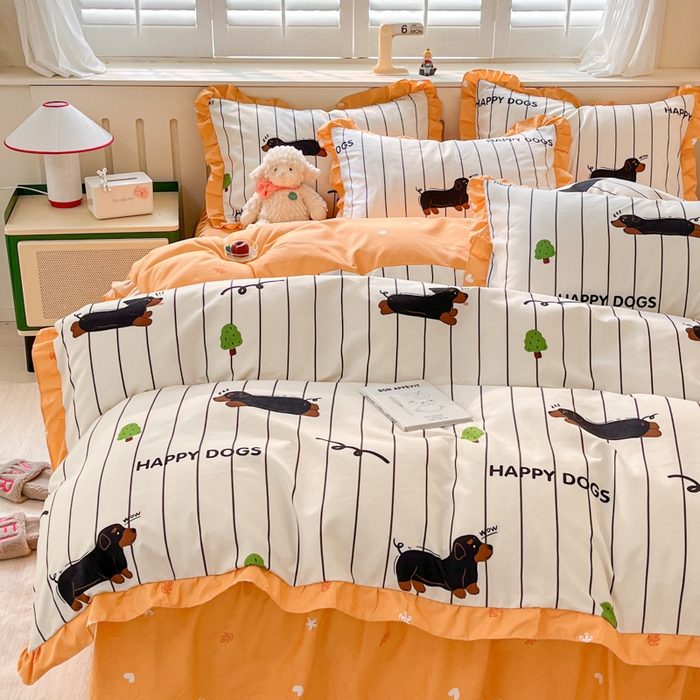 91家纺网 家纺一手货源 找家纺 上尚居 2024直播爆款卡通小清新韩版花边公主风水洗棉磨毛四件套 幸运狗