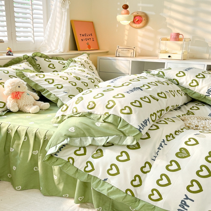 91家纺网 家纺一手货源 找家纺 上尚居 2024直播爆款卡通小清新韩版花边公主风水洗棉磨毛四件套 爱心世界