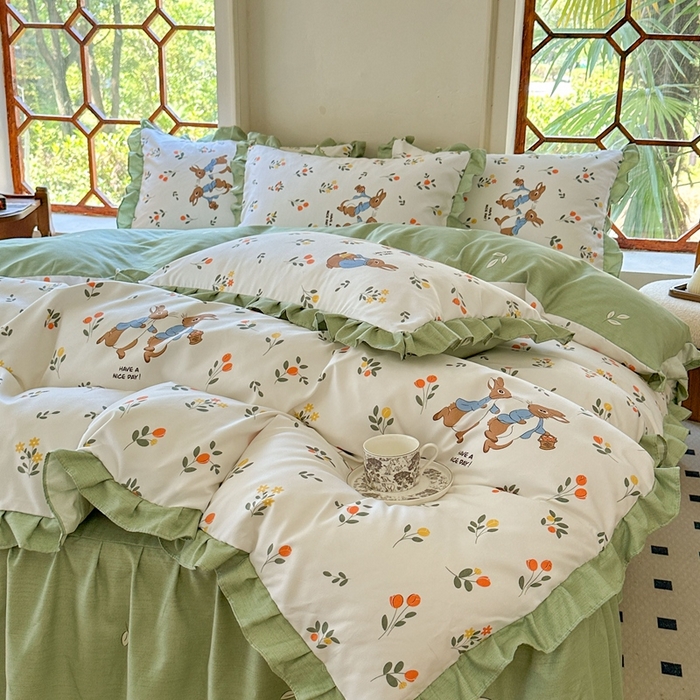 91家纺网 家纺一手货源 找家纺 上尚居 2024直播爆款卡通小清新韩版花边公主风水洗棉磨毛四件套 美好时光