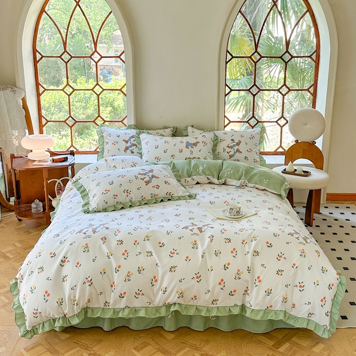 91家纺网 家纺一手货源 找家纺 上尚居 2024直播爆款卡通小清新韩版花边公主风水洗棉磨毛四件套 美好时光