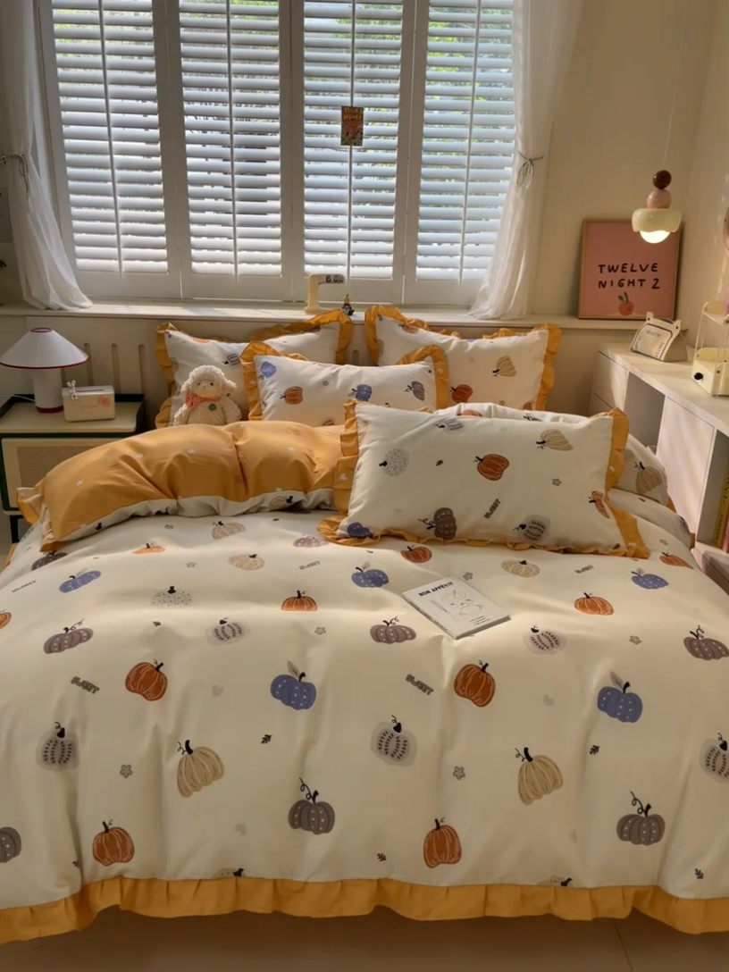 91家纺网 家纺一手货源 找家纺 上尚居 2024直播爆款卡通小清新韩版花边公主风水洗棉磨毛四件套 小南瓜