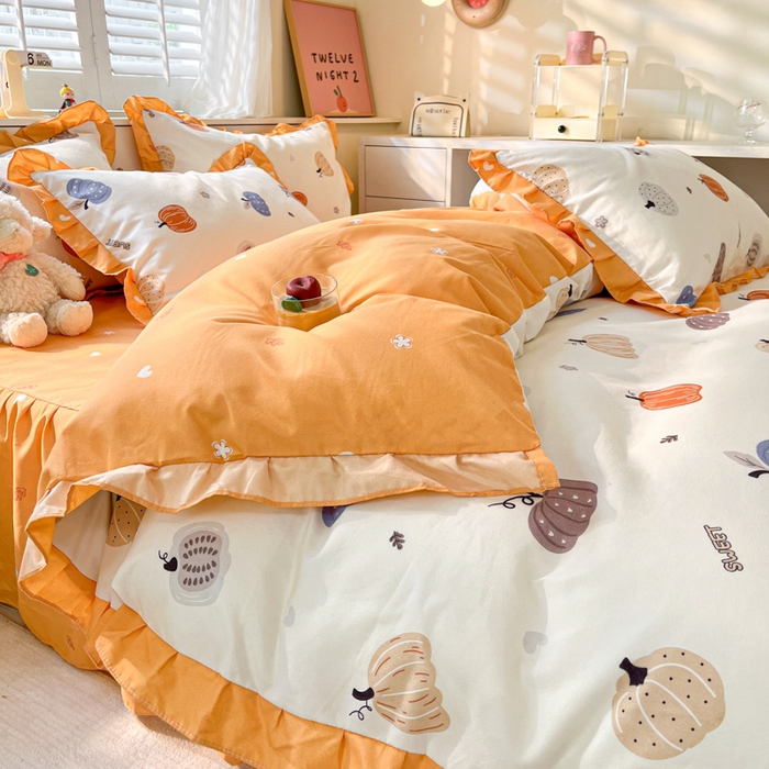 91家纺网 家纺一手货源 找家纺 上尚居 2024直播爆款卡通小清新韩版花边公主风水洗棉磨毛四件套 小南瓜