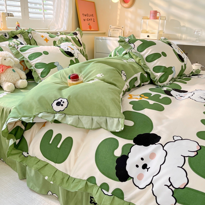 91家纺网 家纺一手货源 找家纺 上尚居 2024直播爆款卡通小清新韩版花边公主风水洗棉磨毛四件套 汪星人