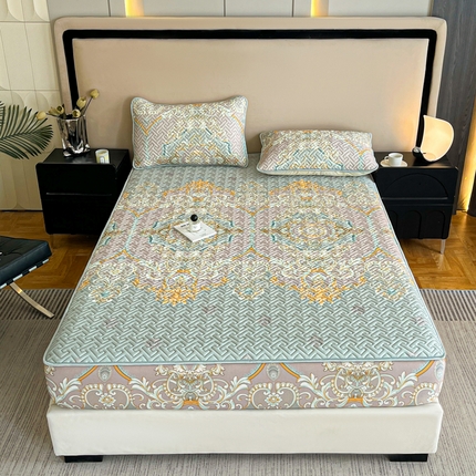 91家纺网 家纺一手货源 找家纺 诺梵 2024年凉感丝印花乳胶凉席乳胶床笠三件套 欧式灰