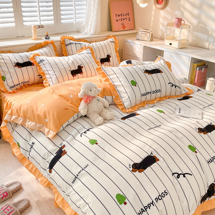 91家纺网 家纺一手货源 找家纺 上尚居 2024直播爆款卡通小清新韩版花边公主风水洗棉磨毛四件套 幸运狗