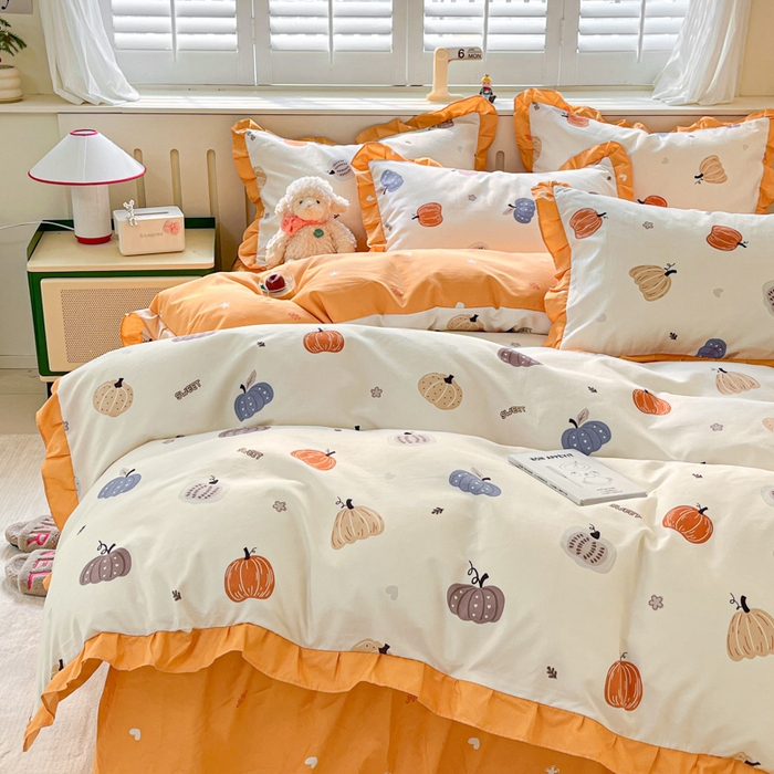 91家纺网 家纺一手货源 找家纺 上尚居 2024直播爆款卡通小清新韩版花边公主风水洗棉磨毛四件套 小南瓜