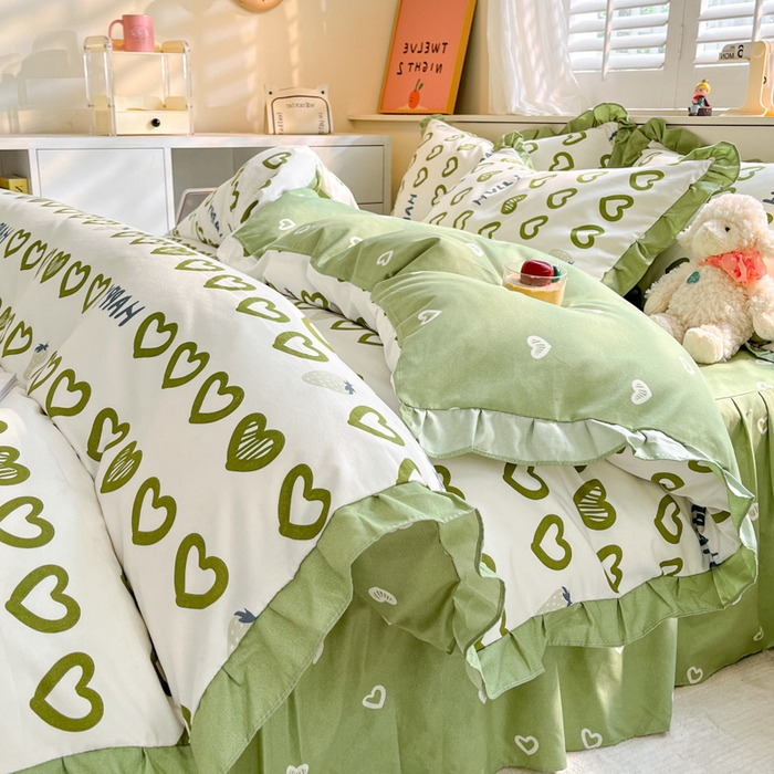 91家纺网 家纺一手货源 找家纺 上尚居 2024直播爆款卡通小清新韩版花边公主风水洗棉磨毛四件套 爱心世界