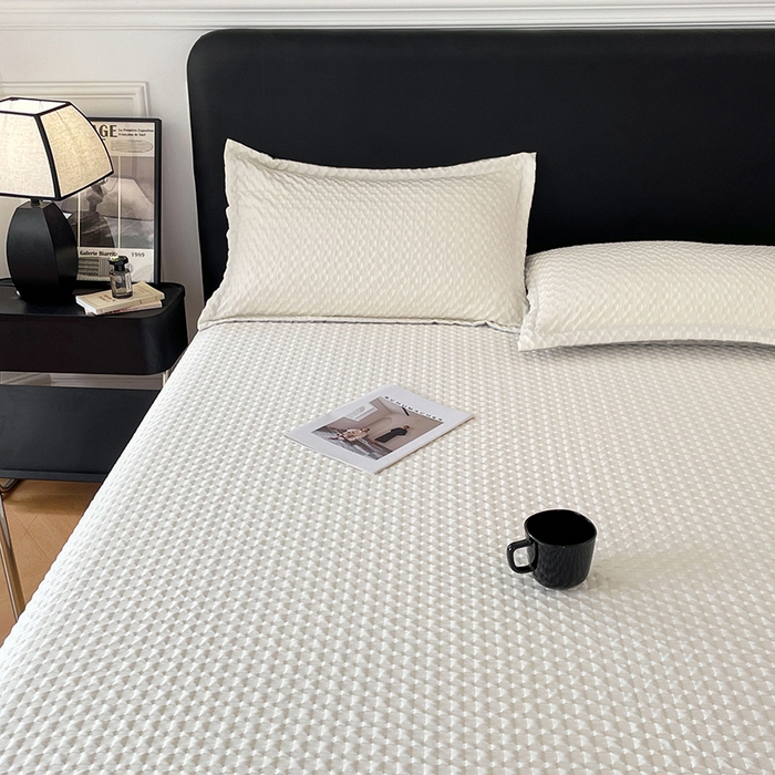 91家纺网 家纺一手货源 找家纺 梦舒羽 2025新款魔方格泡泡大提花床单华夫格床垫保护套床护垫 魔方格泡泡-珍珠白