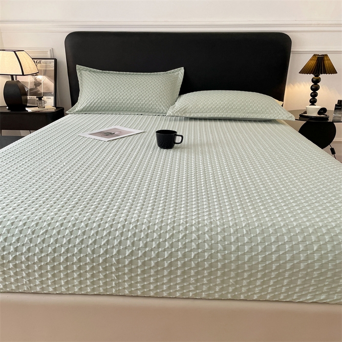 91家纺网 家纺一手货源 找家纺 梦舒羽 2025新款魔方格泡泡大提花床笠华夫格床垫保护套 魔方格泡泡-云川绿