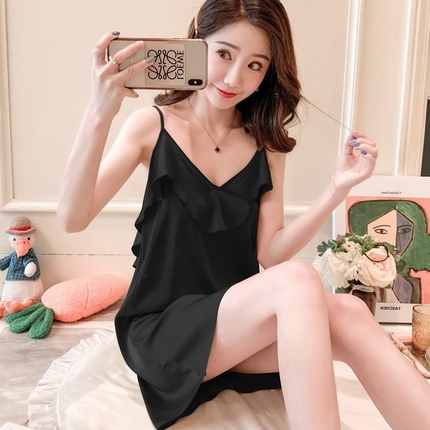 91家纺网 家纺一手货源 找家纺 （总）洛兰沙家居馆【只代发】【只代发】 2024新款睡衣女夏季冰丝绸薄款V领纯色荷叶边性感吊带睡裙甜美短裙家居服软蕾丝两件包邮