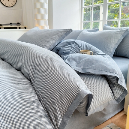 晚依家纺 2025新款全棉色织水洗棉宽边断角四件套 爱的邂逅-蓝