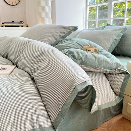 晚依家纺 2025新款全棉色织水洗棉宽边断角四件套 爱的邂逅-绿