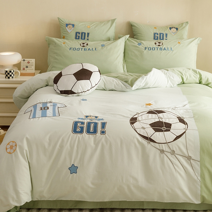 91家纺网 家纺一手货源 找家纺 （总）绒梦里 2025款A类全棉40s水洗棉贴布绣花四件套儿童三件套上下铺床套件-足球系列