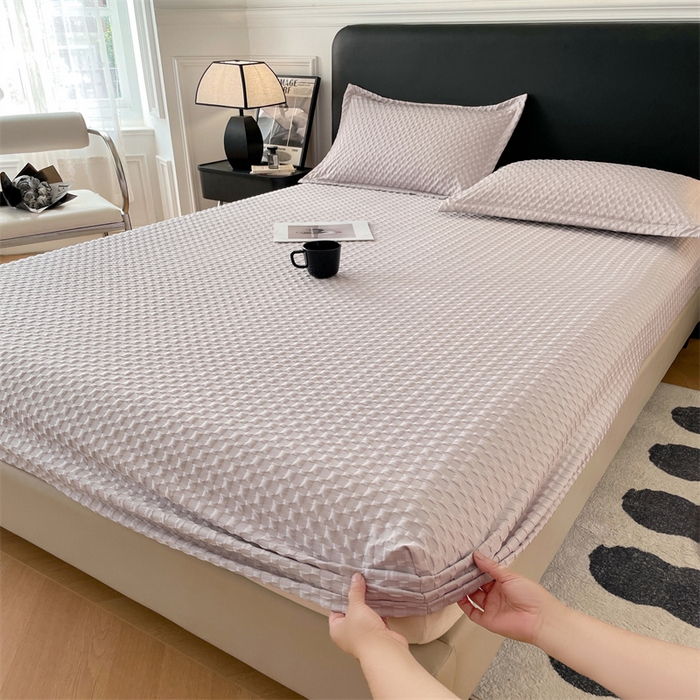 91家纺网 家纺一手货源 找家纺 梦舒羽 2025新款魔方格泡泡大提花床笠华夫格床垫保护套 魔方格泡泡-银月灰