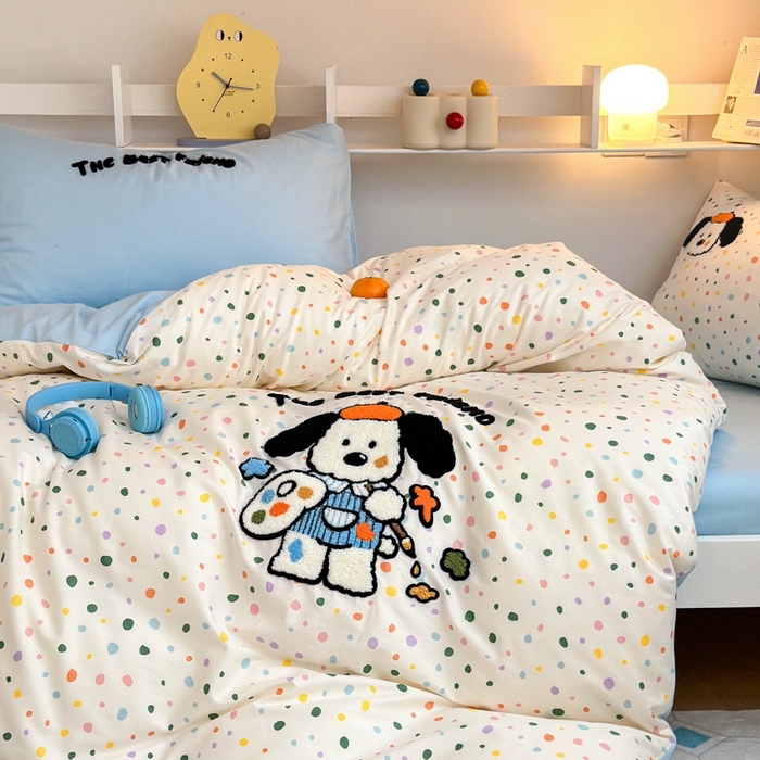 91家纺网 家纺一手货源 找家纺 锦觅 2024新款学生季全棉小清新绣花时尚复古卡通三件套四件套 小画家