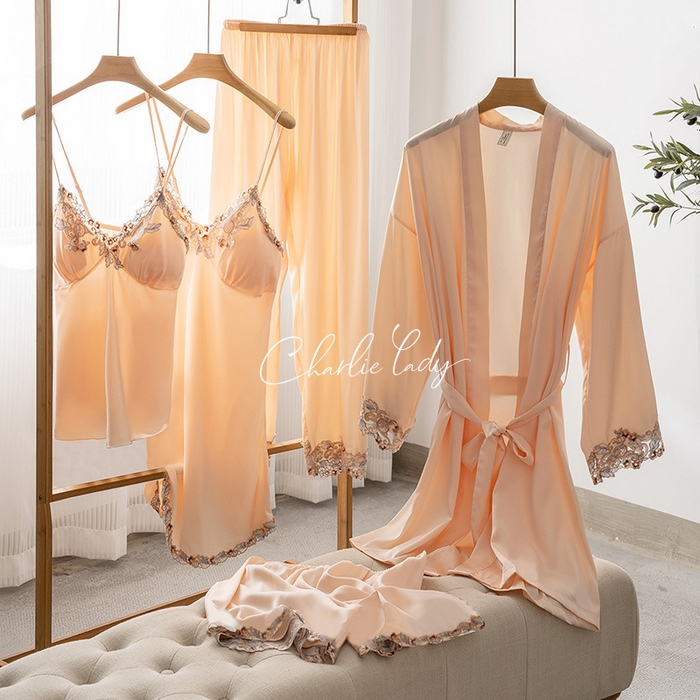 91家纺网 家纺一手货源 找家纺 （总）2024新款睡衣睡裙女夏季冰丝薄款性感带胸垫吊带短裤长裤春夏家居服软蕾丝五件套包邮