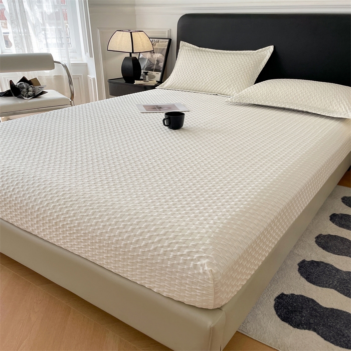 91家纺网 家纺一手货源 找家纺 梦舒羽 2025新款魔方格泡泡大提花床笠华夫格床垫保护套 魔方格泡泡-珍珠白