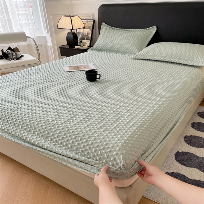 91家纺网 家纺一手货源 找家纺 梦舒羽 2025新款魔方格泡泡大提花床笠华夫格床垫保护套 魔方格泡泡-云川绿