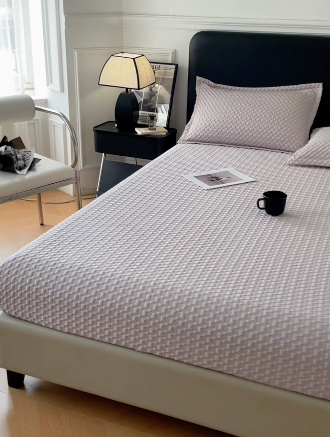 91家纺网 家纺一手货源 找家纺 梦舒羽 2025新款魔方格泡泡大提花床笠华夫格床垫保护套 魔方格泡泡-银月灰
