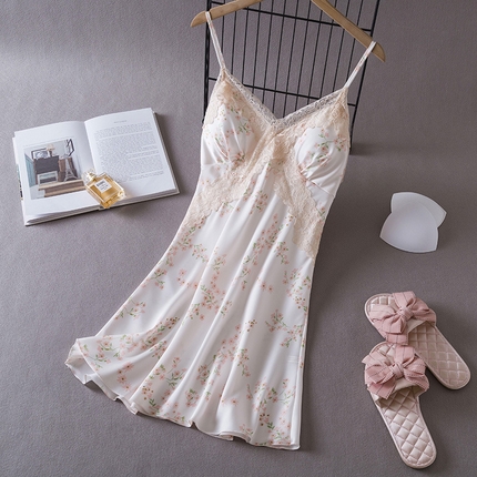 91家纺网 家纺一手货源 找家纺 （总）洛兰沙家居馆【只代发】【只代发】 2024新款睡衣睡裙女夏季冰丝薄款性感带胸垫吊带春夏家居服软蕾丝两件包邮