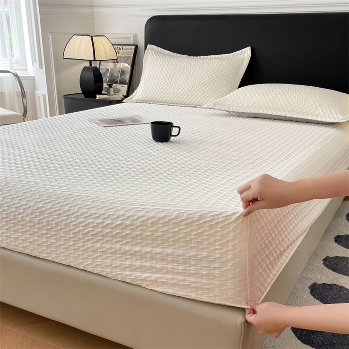 91家纺网 家纺一手货源 找家纺 梦舒羽 2025新款魔方格泡泡大提花床笠华夫格床垫保护套 魔方格泡泡-珍珠白