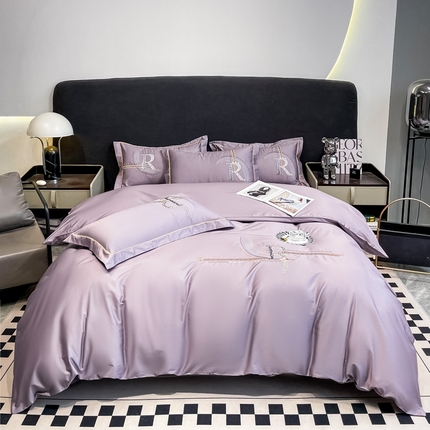 艾迪尚家纺 2025新款120S刺绣长绒棉四六件套 时尚紫