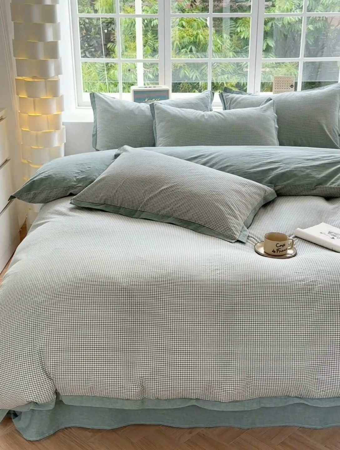 91家纺网 家纺一手货源 找家纺 晚依家纺 2025新款全棉色织水洗棉宽边断角四件套 爱的邂逅-绿