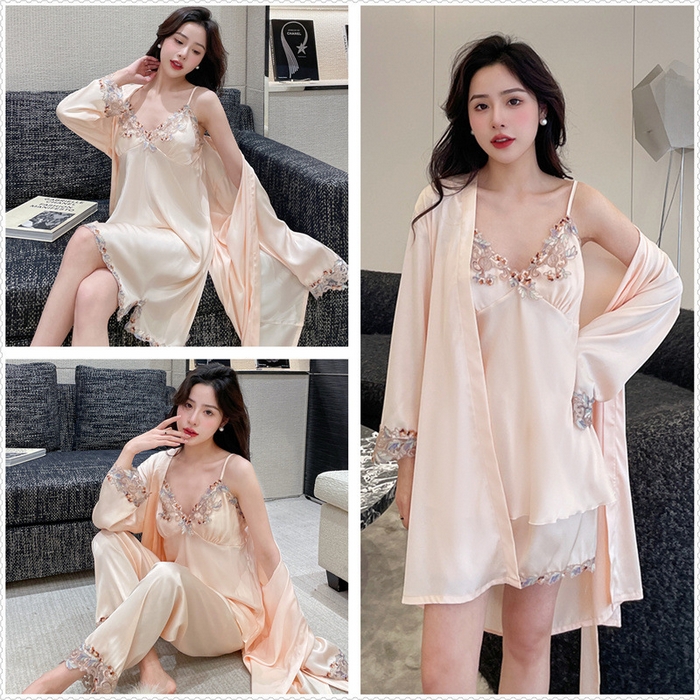 91家纺网 家纺一手货源 找家纺 （总）2024新款睡衣睡裙女夏季冰丝薄款性感带胸垫吊带短裤长裤春夏家居服软蕾丝五件套包邮