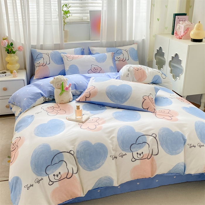 91家纺网 家纺一手货源 找家纺 本制 2024新款12868全棉印花四件套 彩色心愿-蓝