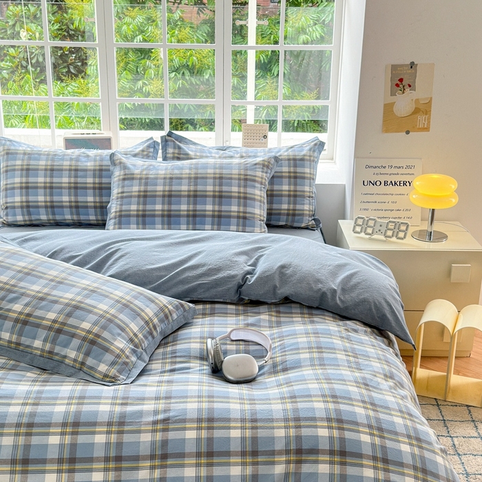 91家纺网 家纺一手货源 找家纺 晚依家纺 2024新款全棉色织水洗棉宽边断角四件套 幸福恋曲-蓝