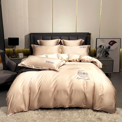 艾迪尚家纺 2025新款120S刺绣长绒棉四六件套 山茶花-香槟金