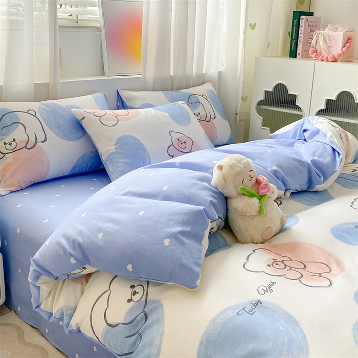 91家纺网 家纺一手货源 找家纺 本制 2024新款12868全棉印花四件套 彩色心愿-蓝